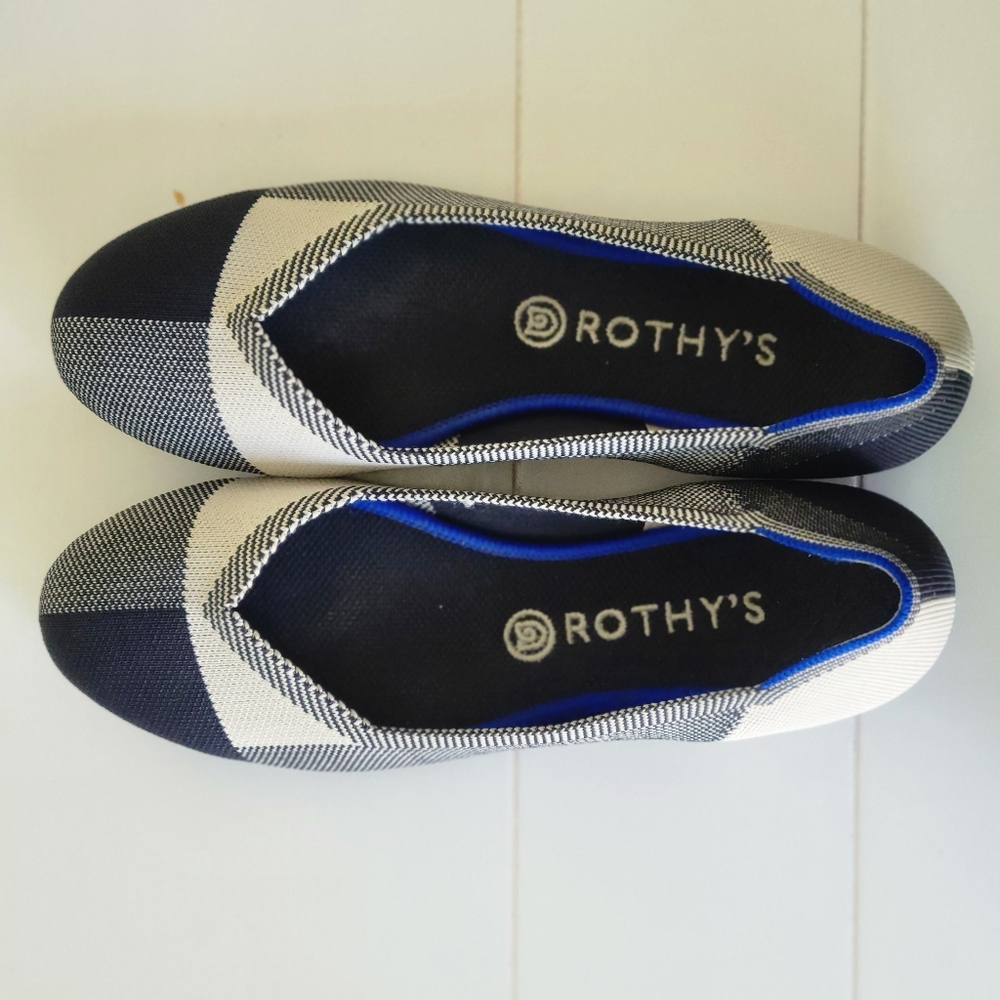 Rothy's The Flat Round Cap Toe Black and Cream Plaid Retired Pattern Size 10